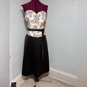 Vintage tea length formal strapless dress black white Mad Men boned bodice